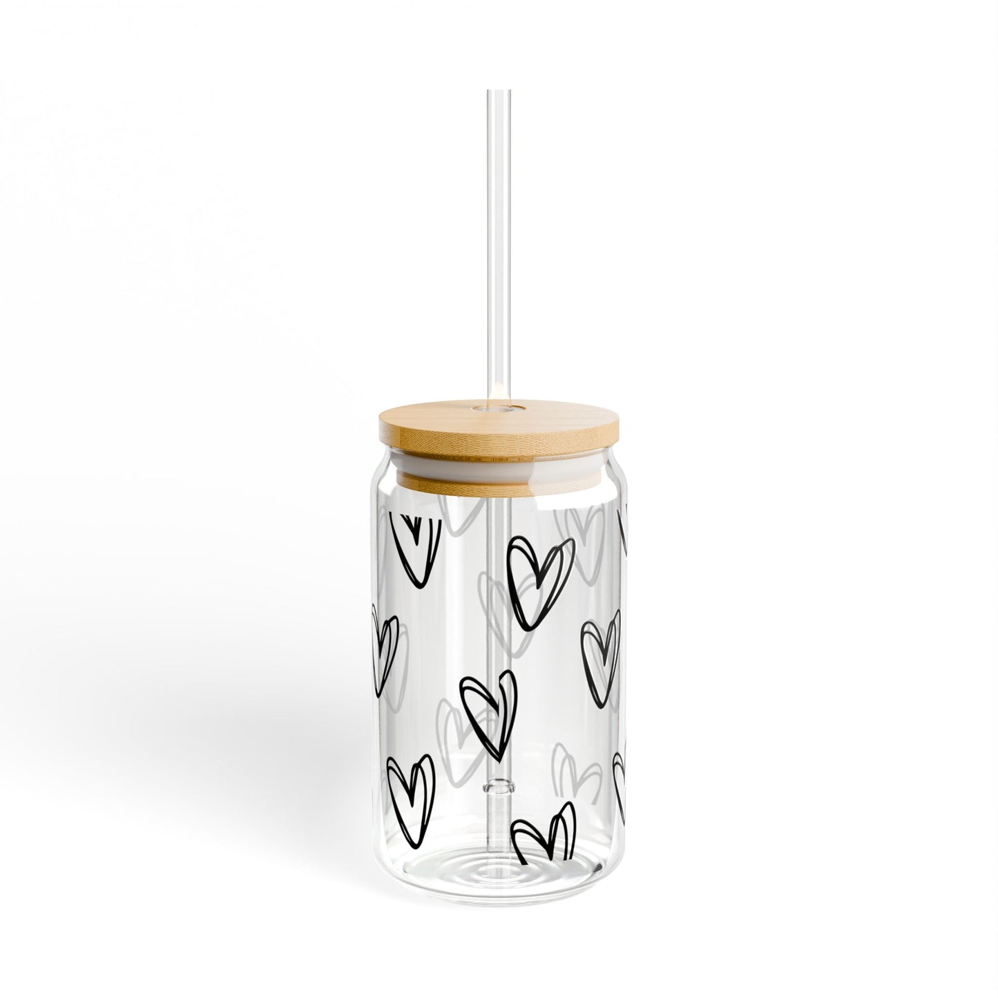 Heart Pattern Glass Sipper with Bamboo Lid & Straw