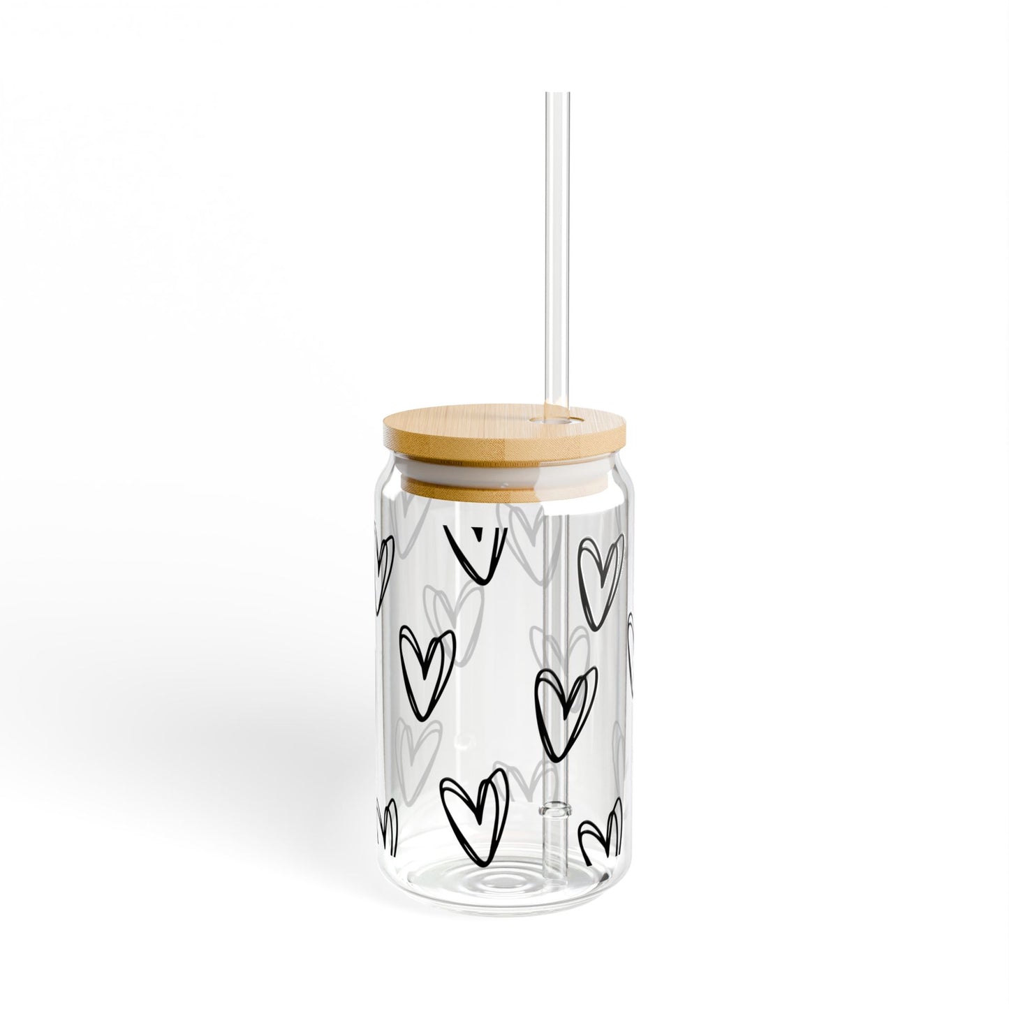 Heart Pattern Glass Sipper with Bamboo Lid & Straw