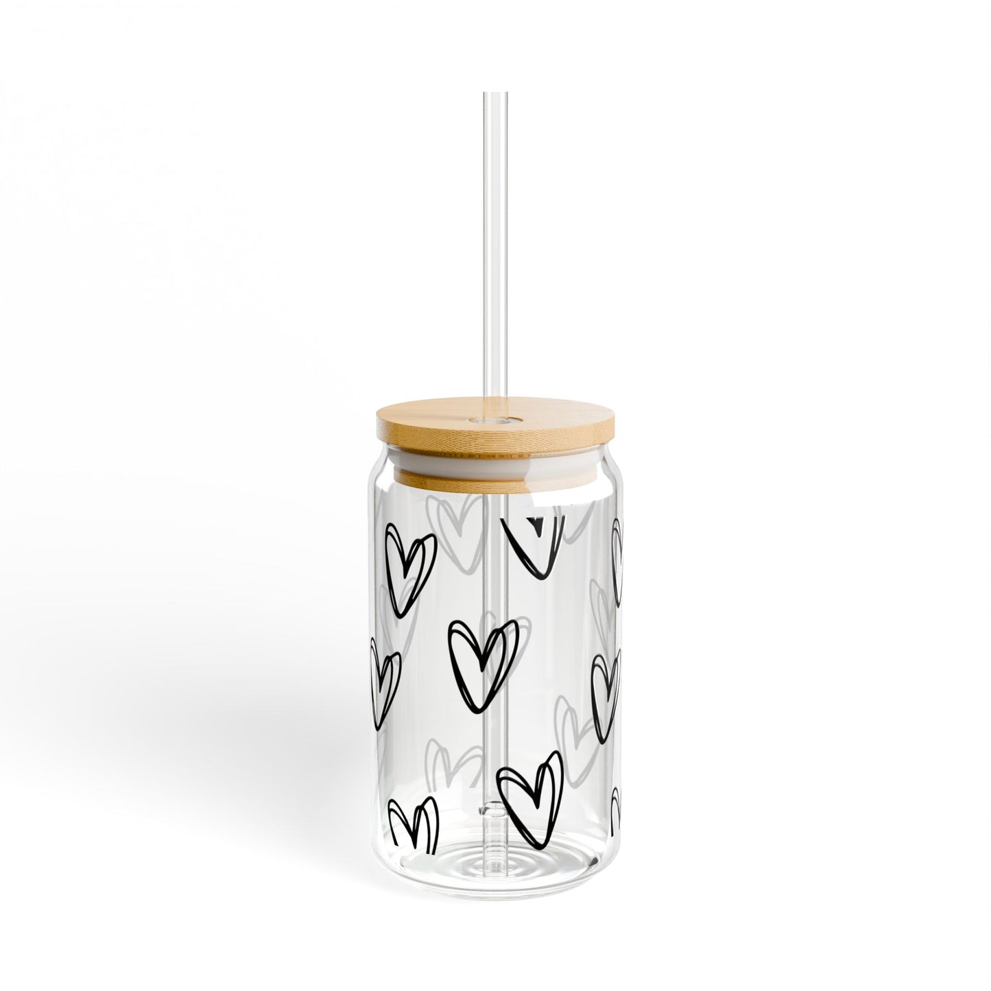 Heart Pattern Glass Sipper with Bamboo Lid & Straw
