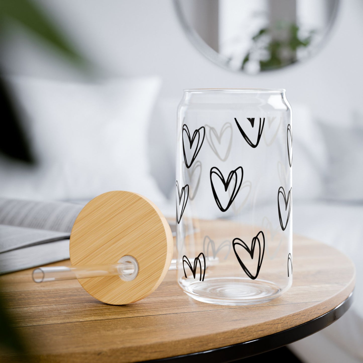 Heart Pattern Glass Sipper with Bamboo Lid & Straw