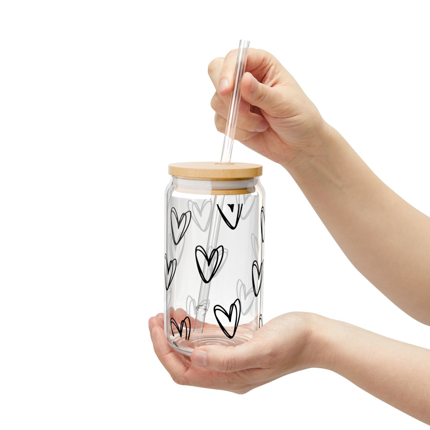 Heart Pattern Glass Sipper with Bamboo Lid & Straw