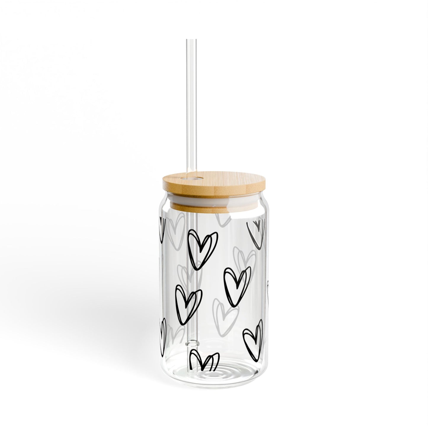 Heart Pattern Glass Sipper with Bamboo Lid & Straw